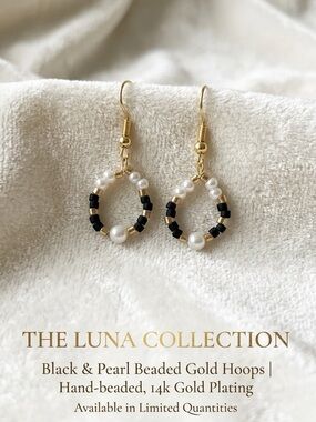 ❤️Black & Pearl Beaded Gold Hoop Earrings